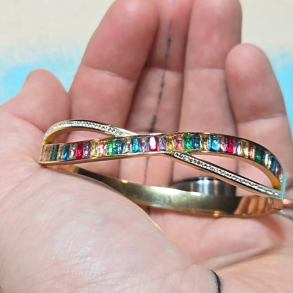 Costume Bracelet Rainbow CZ‎ Gold Tone Y2K Bangle Color Stones Alt Snap Bracelet